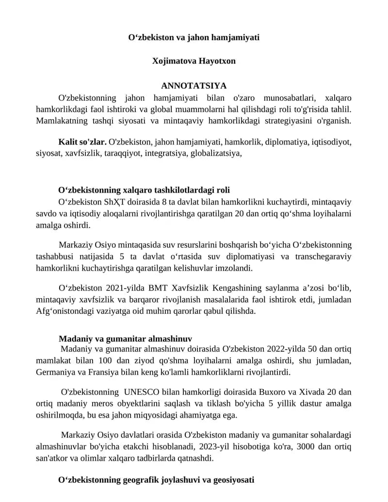 Oʻzbekiston va jahon hamjamiyati