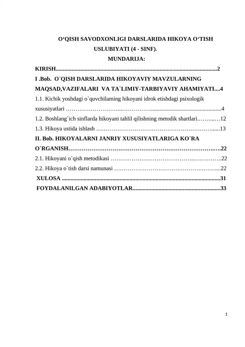 Hikoya o`qitish metodikasi