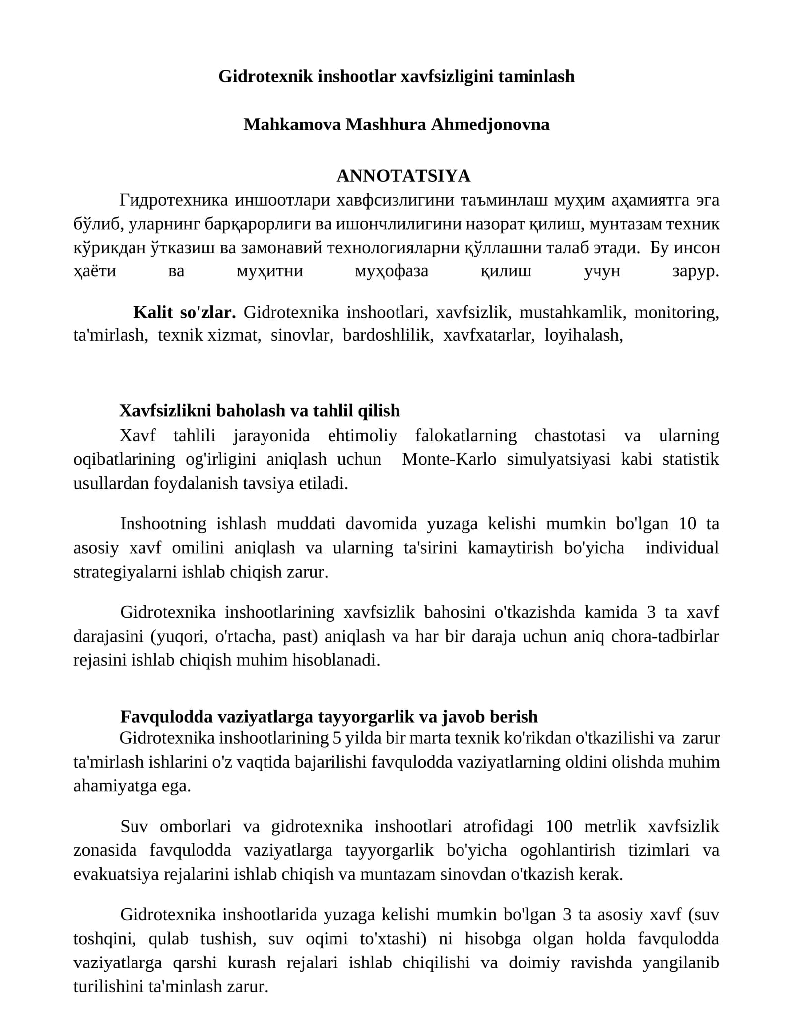 Gidrotexnik inshootlar xavfsizligini taminlash