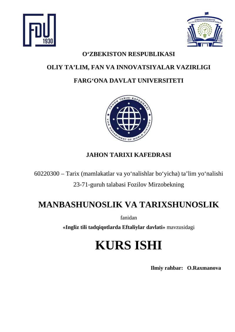 Ingliz tili tadqiqotlarda Eftaliylar davlati tarixshunosligi