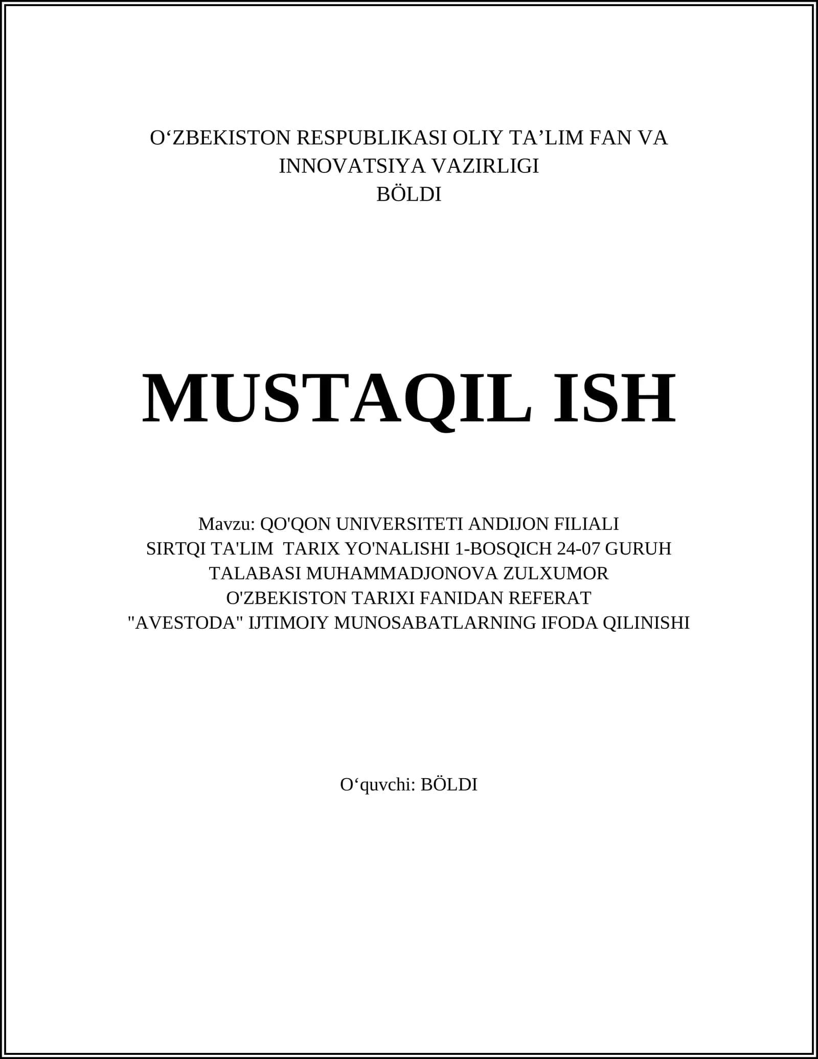 "AVESTODA" IJTIMOIY MUNOSABATLARNING IFODA QILINISHI