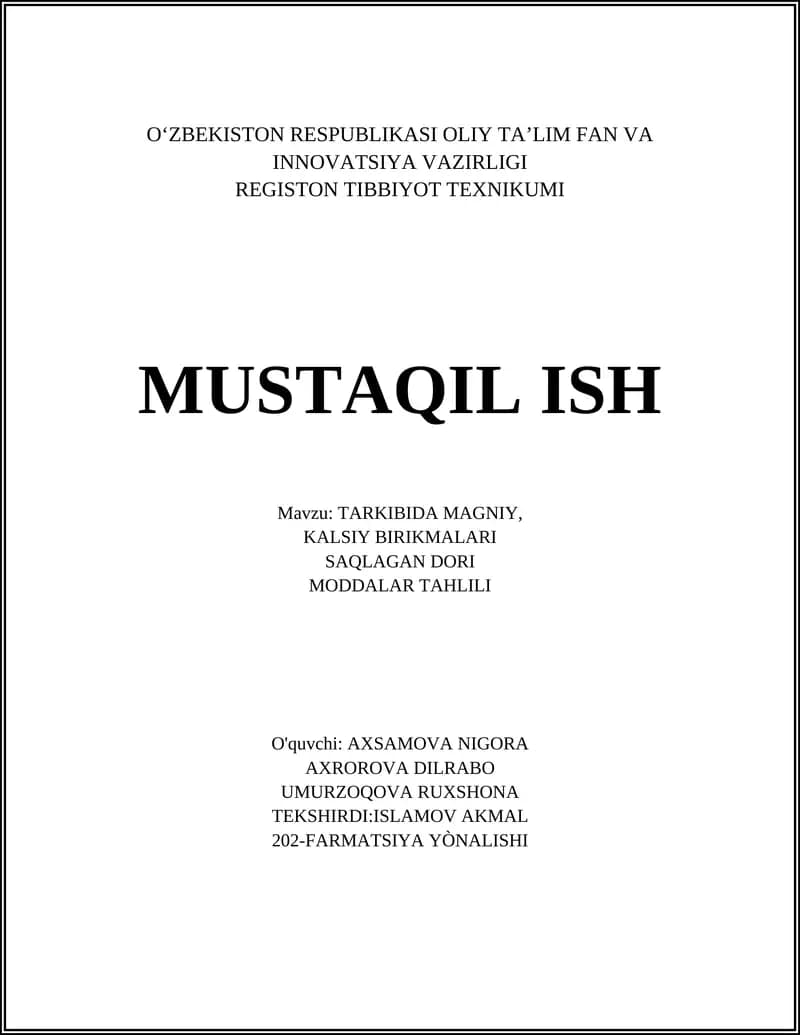 Tarkibida Magniy, Kalsiy Birikmalari Saqlagan Dori Moddalar Tahlili