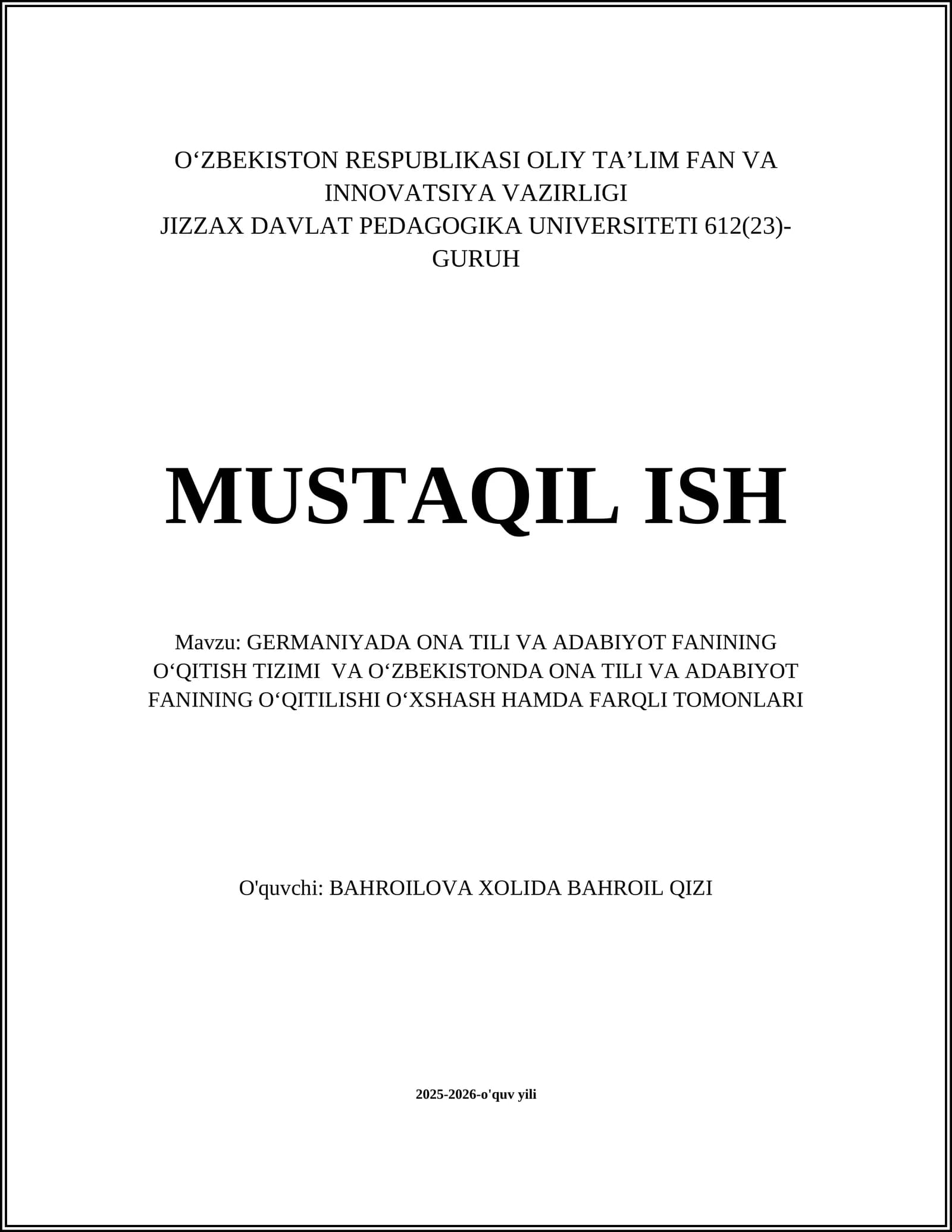 GERMANIYADA ONA TILI VA ADABIYOT FANINING OʻQITISH TIZIMI VA OʻZBEKISTONDA ONA TILI VA ADABIYOT FANINING OʻQITILISHI OʻXSHASH HAMDA FARQLI TOMONLARI