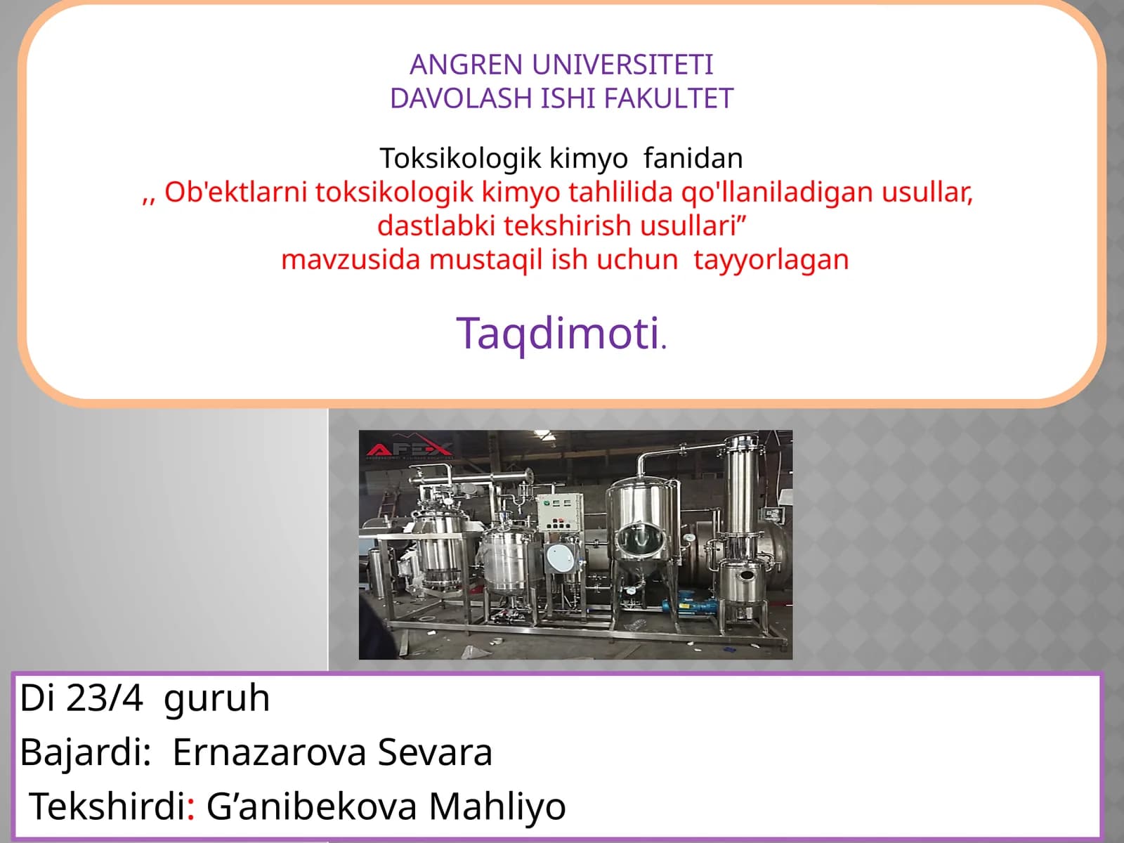 Toksikologik kimyo fanidan "Ob'ektlarni toksikologik kimyo tahlilida qo'llaniladigan usullar, dastlabki tekshirish usullari" mavzusidagi mustaqilish uchun tayyorlagan taqdimot