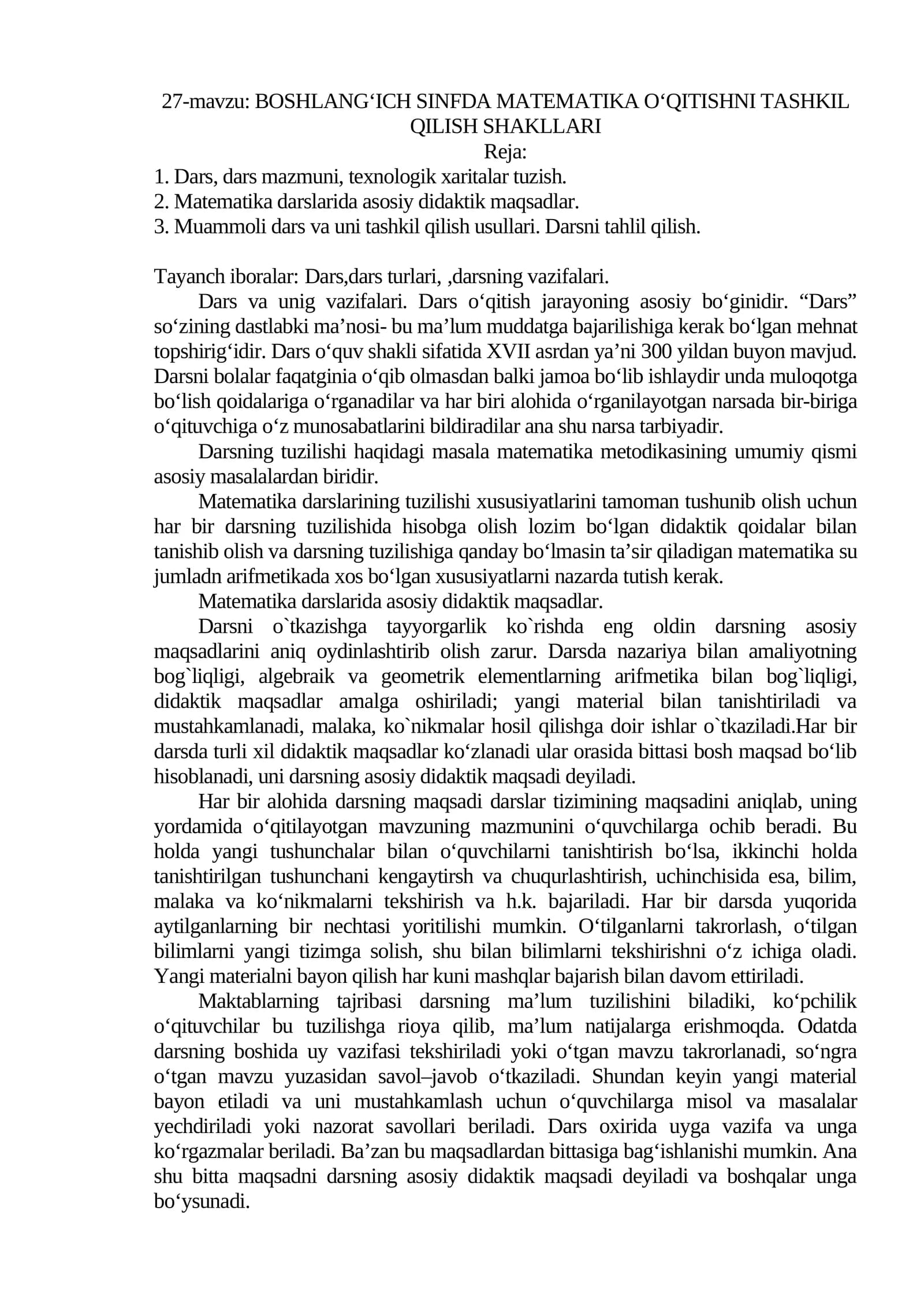 BOSHLANG‘ICH SINFDA MATEMATIKA O‘QITISHNI TASHKIL QILISH SHAKLLARI