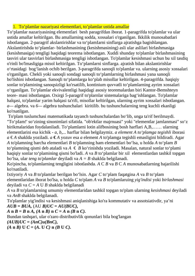 To'plamlar nazariyasi elementlari