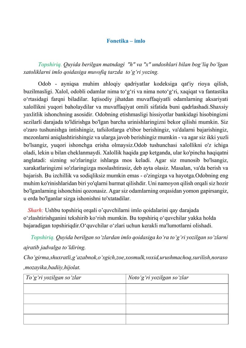fonetika-talaffuz,fonetika - imlo, leksikalogiya, mustaqil so'zlar, yordamchi so'zlar, oraliqdagi so'zlar