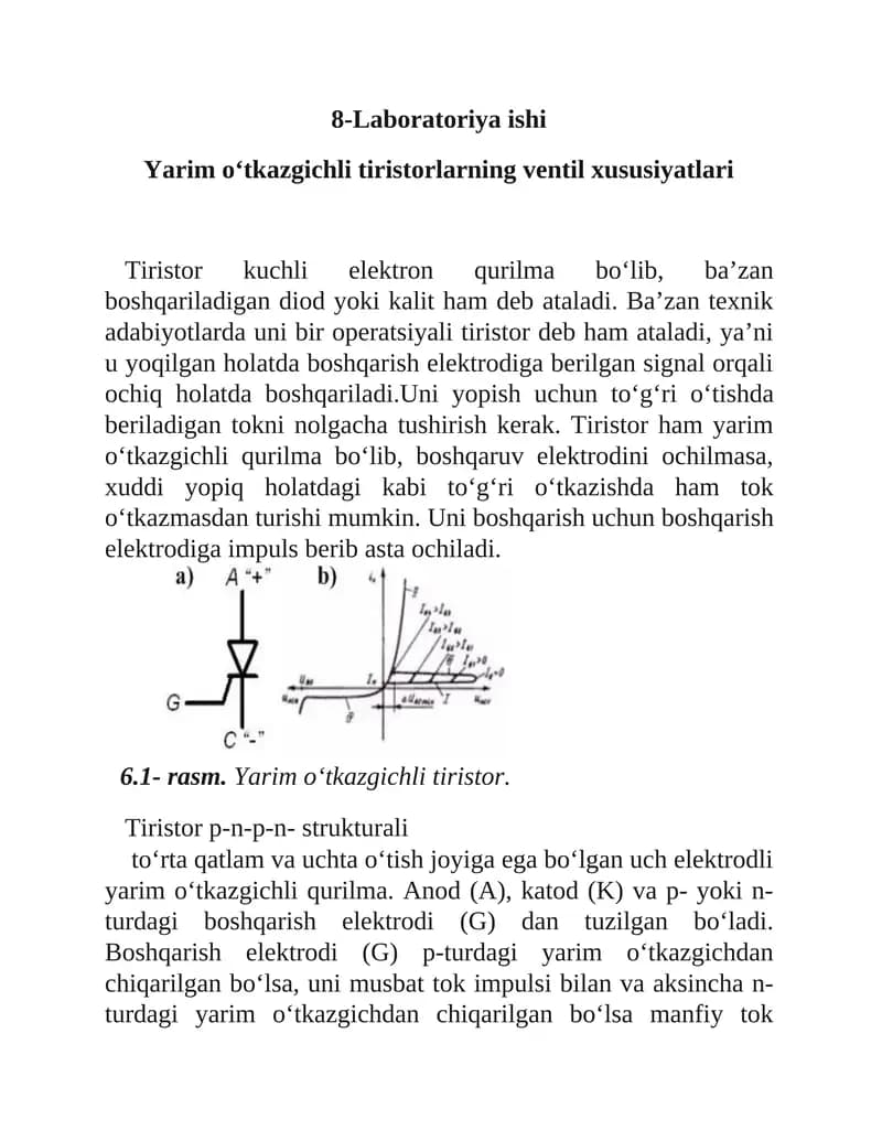 Yarim o‘tkazgichli tiristorlarning ventil xususiyatlari
