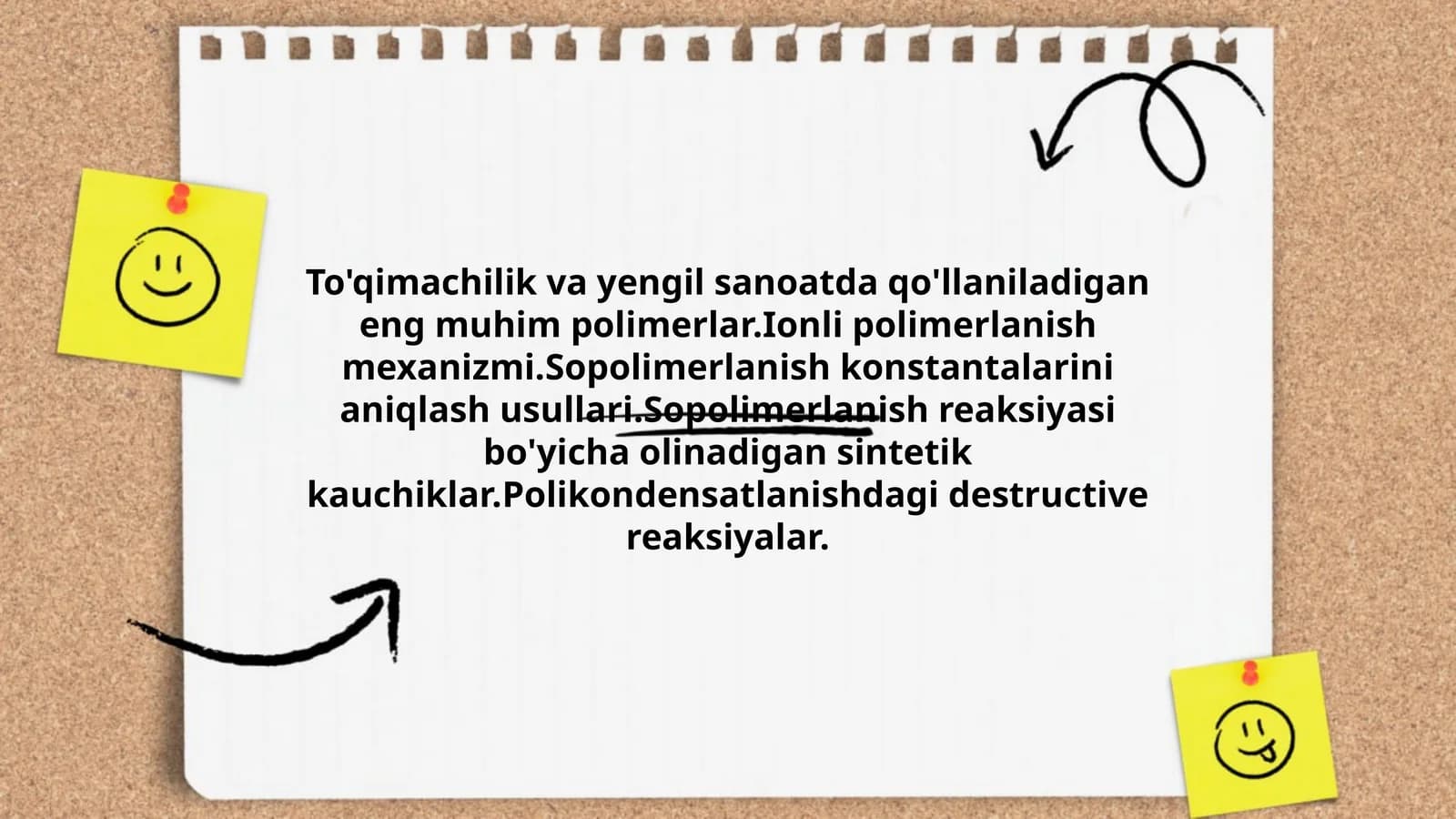 To'qimachilik va yengil sanoatda qo'llaniladigan eng muhim polimerlar.Ionli polimerlanish mexanizmi.Sopolimerlanish konstantalarini aniqlash usullari.Sopolimerlanish reaksiyasi bo'yicha olinadigan sintetik kauchiklar.Polikondensatlanishdagi destructive reaksiyalar