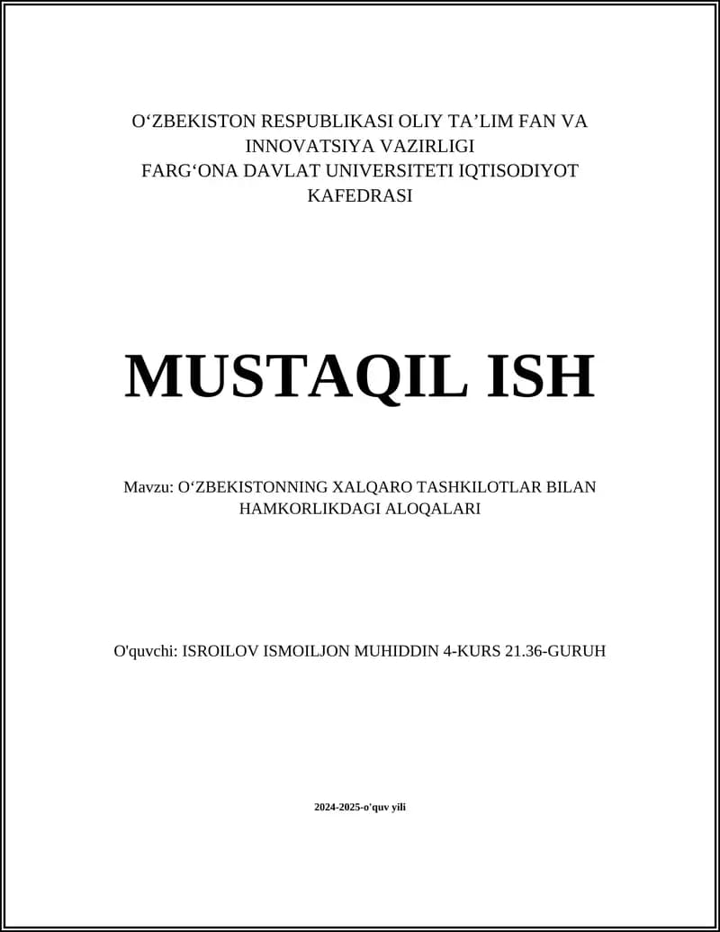 OʻZBEKISTONNING XALQARO TASHKILOTLAR BILAN HAMKORLIKDAGI ALOQALARI