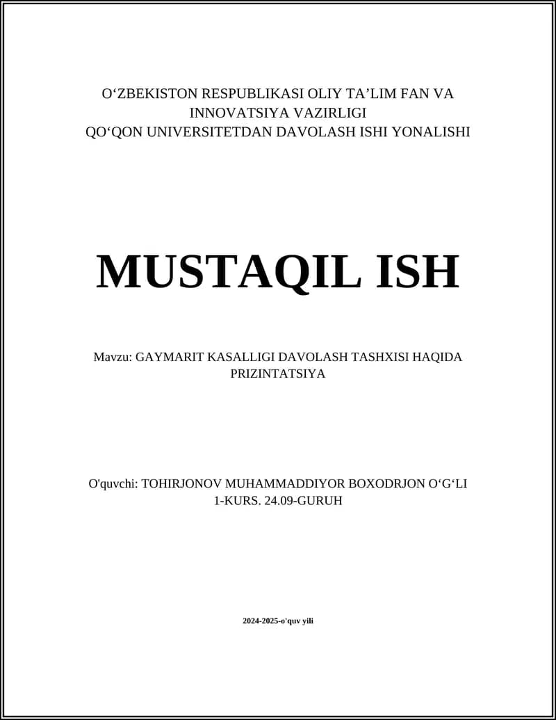 GAYMARIT KASALLIGI DAVOLASH TASHXISI