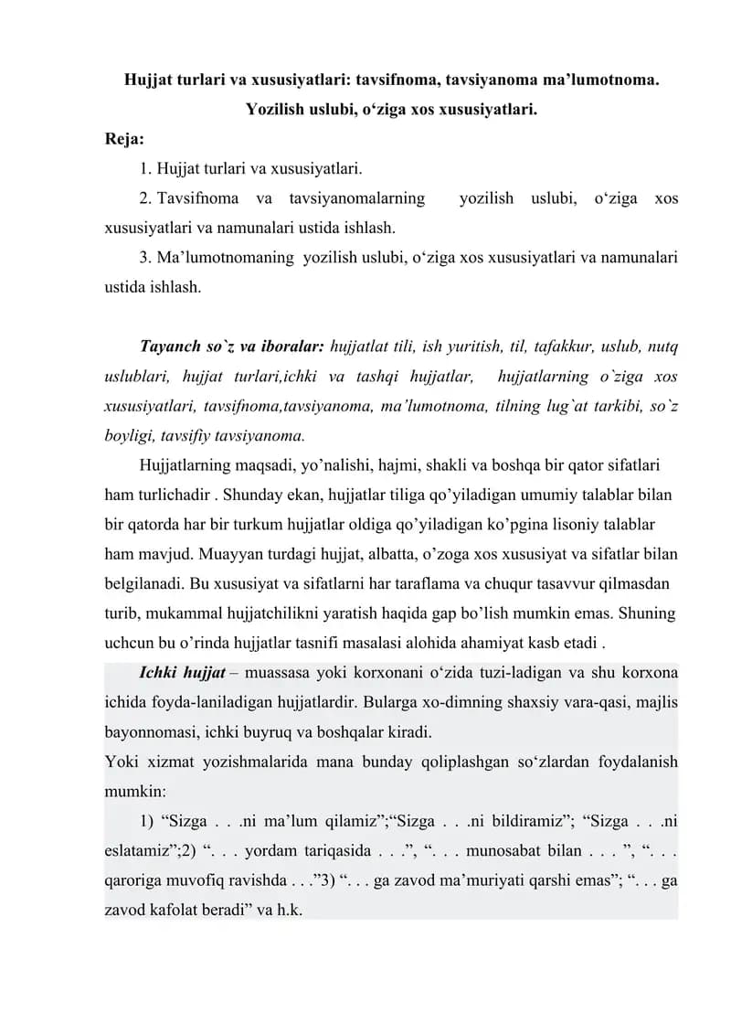 Tavsifnoma, tavsiyanoma, ma'lumotnoma yozish.