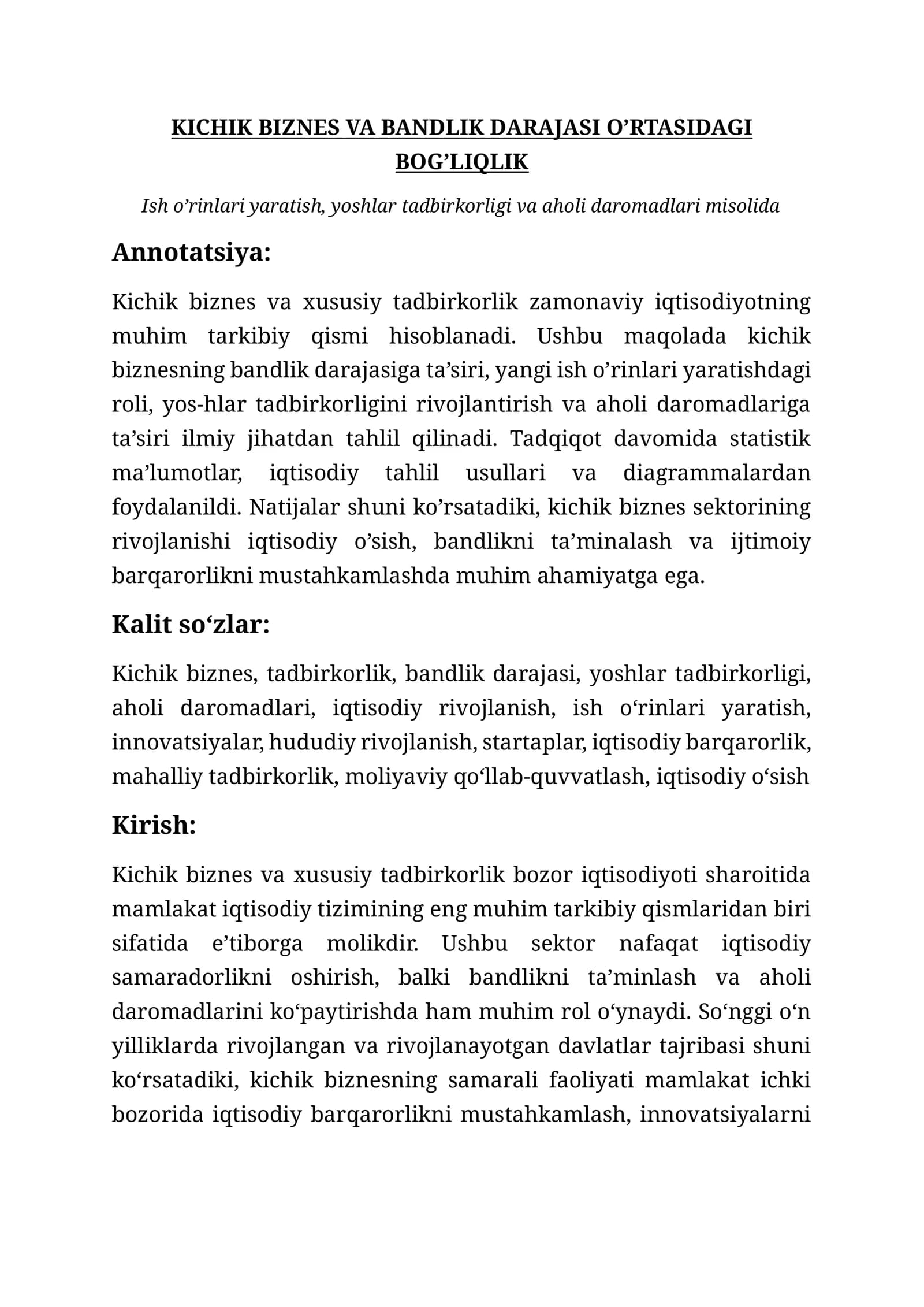 Kichik biznes va bandlik darajasi o'rtasidagi bog'liqlik