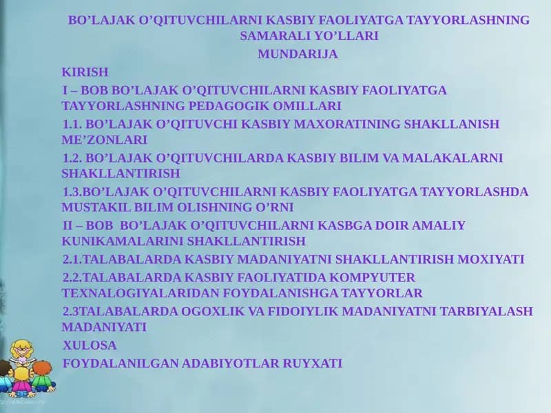 BO’lajako’qituvchilarnikasbiyfaoliyatgatayyorlashningsamaraliyo’llari