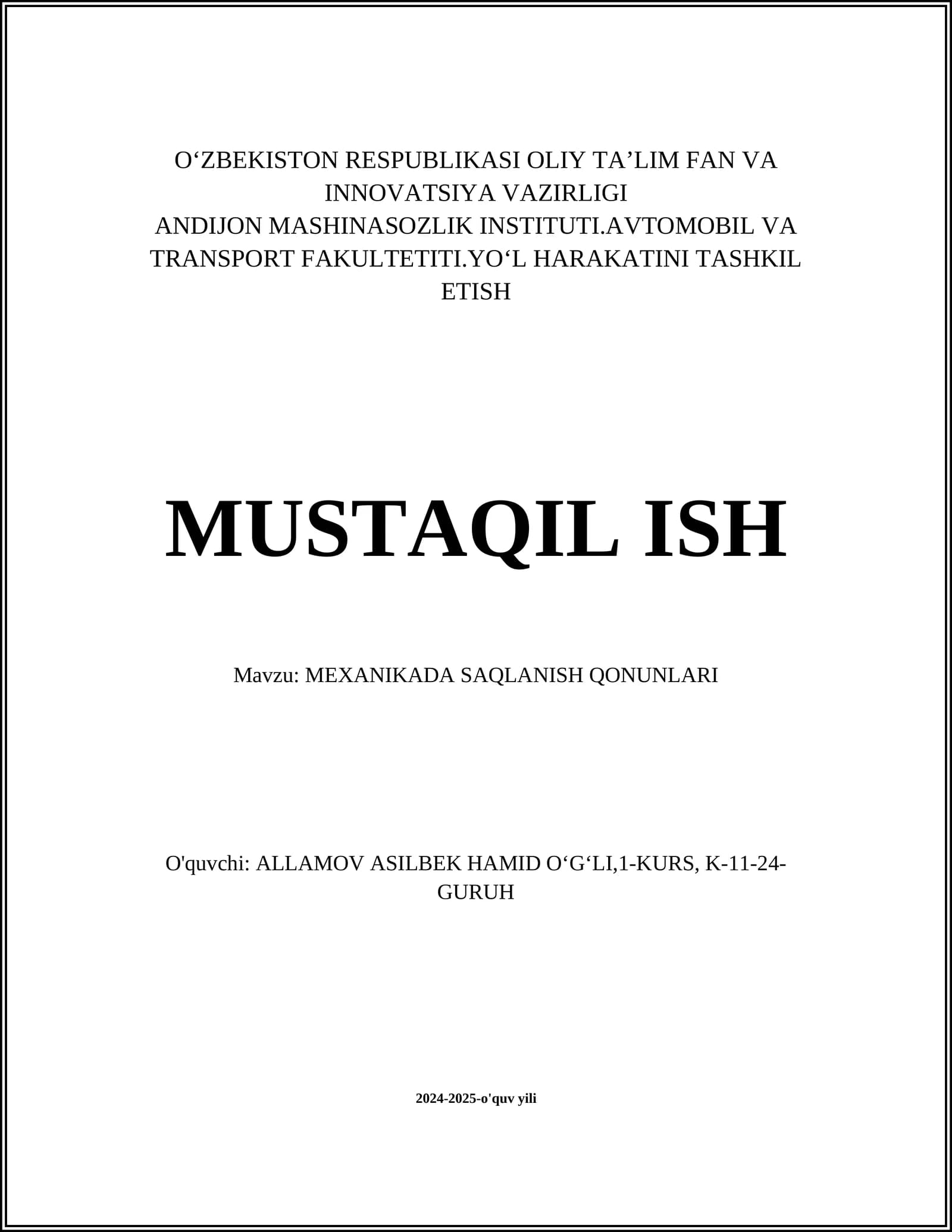 MEXANIKADA SAQLANISH QONUNLARI