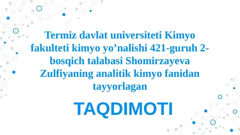 Analizning elektrokimyoviy usullariga doir misollar yechish.ELEKTROKIMYONING ASOSIY TUSHUNCHALARI. GALVANIKELEMENTLAR