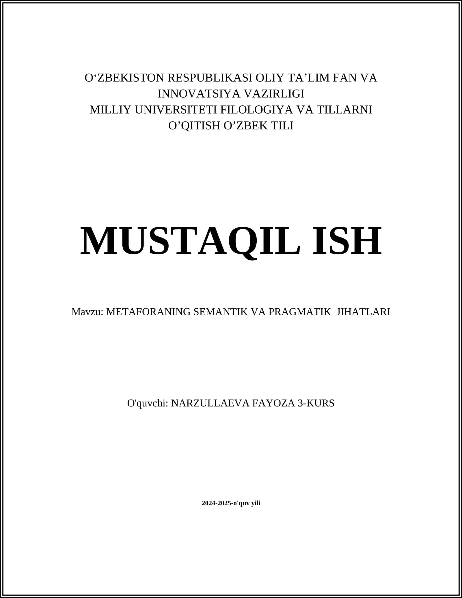 METAFORANING SEMANTIK VA PRAGMATIK JIHATLARI