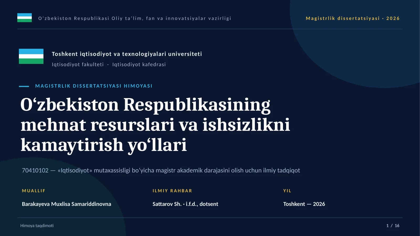 MAGISTRLIK DISSERTATSIYASI HIMOYASI