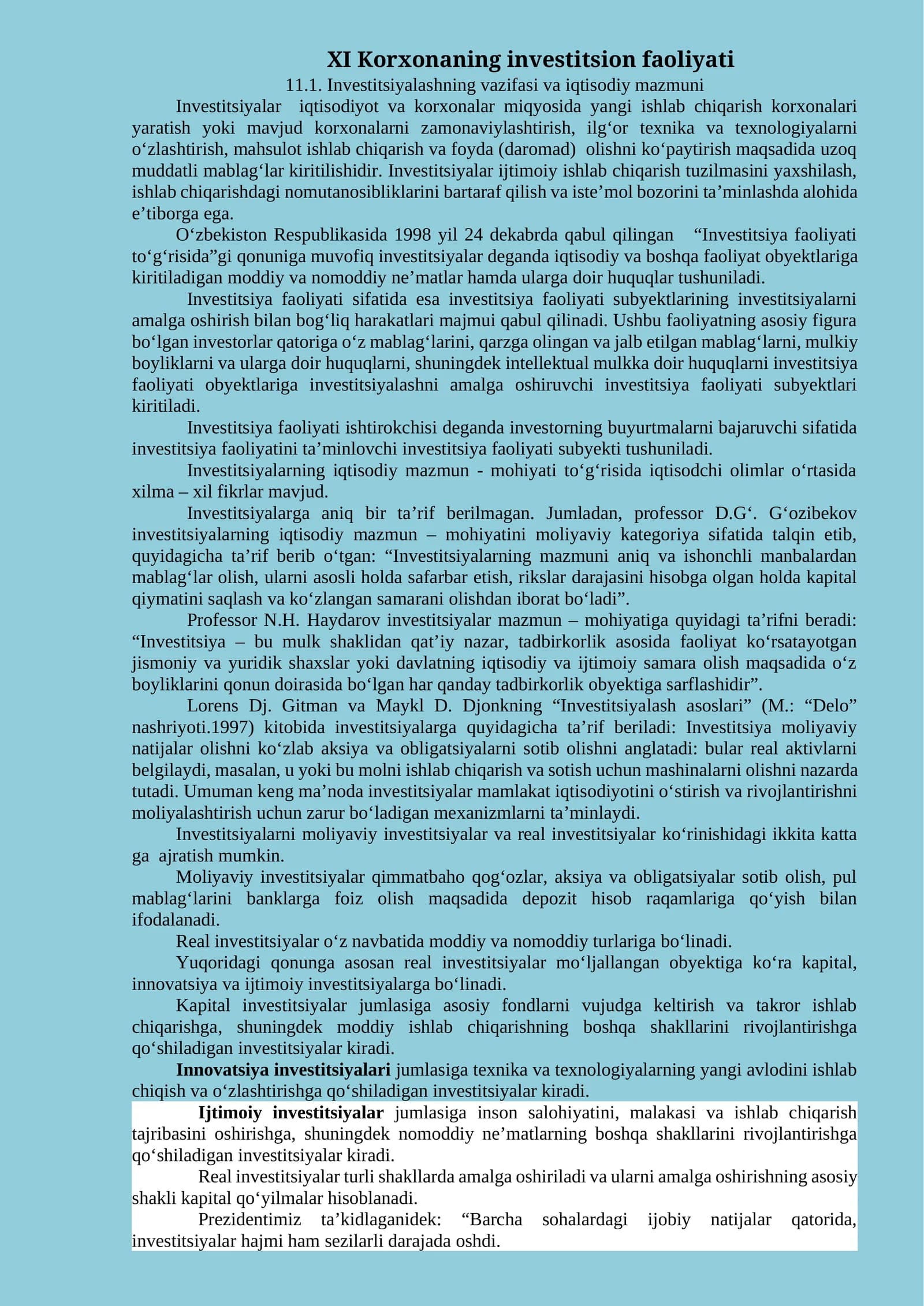 XI Korxonaning investitsion faoliyati