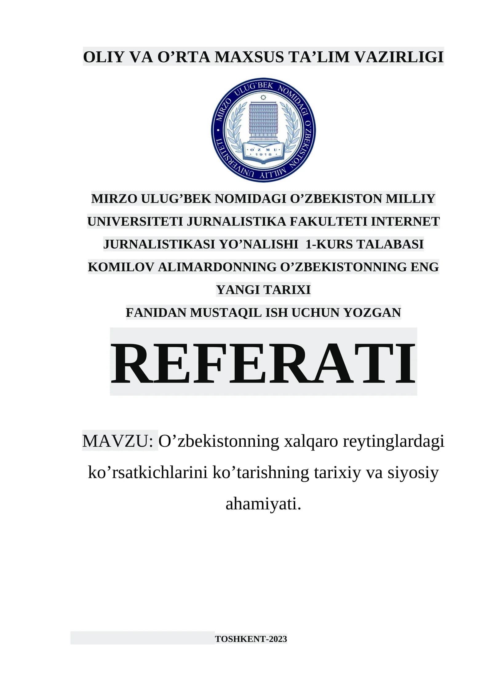 O’zbekistonning xalqaro reytinglardagi ko’rsatkichlarini ko’tarishning tarixiy va siyosiy ahamiyati