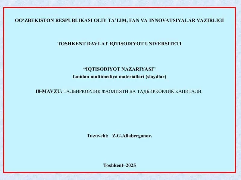 Tadbirkorlik faoliyati va tadbirkorlik kapitali