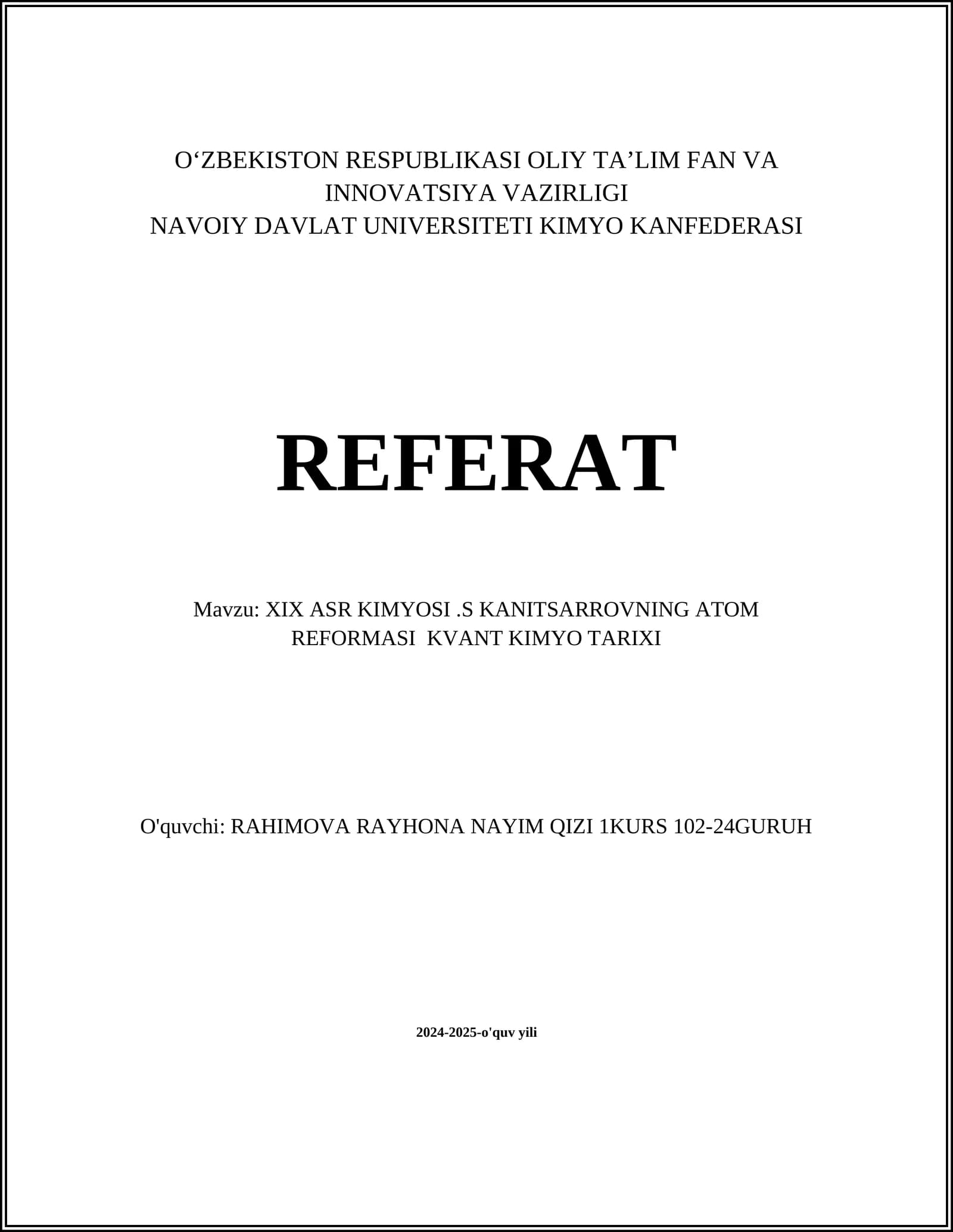 XIX ASR KIMYOSI.S KANITSARROVNING ATOM REFORMASI KVANT KIMYO TARIXI