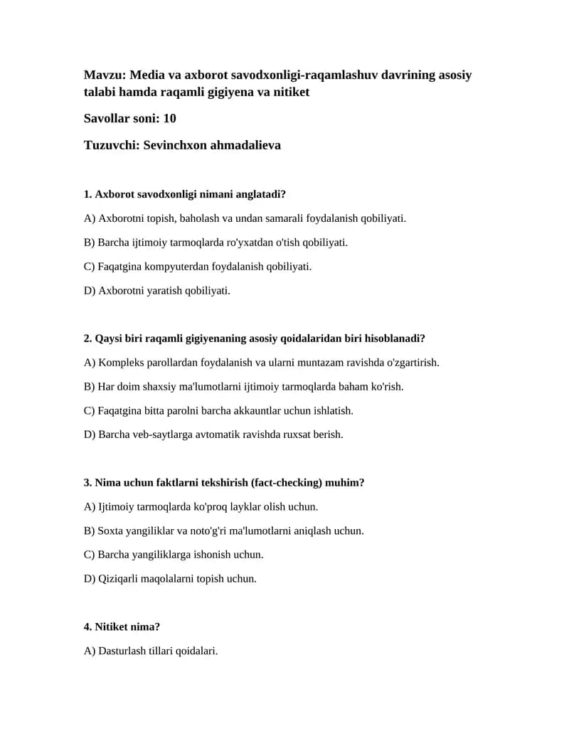 Media va axborot savodxonligi-raqamlashuv davrining asosiy talabi hamda raqamli gigiyena va nitiket