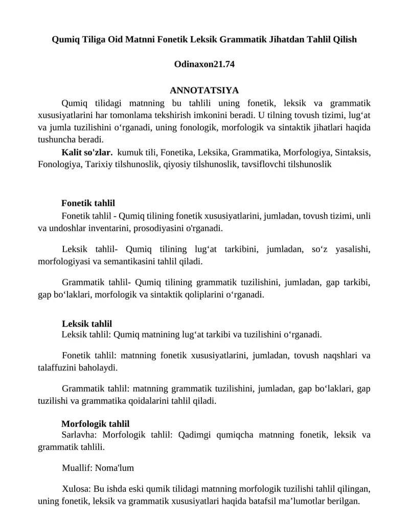 Qumiq Tiliga Oid Matnni Fonetik Leksik Grammatik Jihatdan Tahlil Qilish
