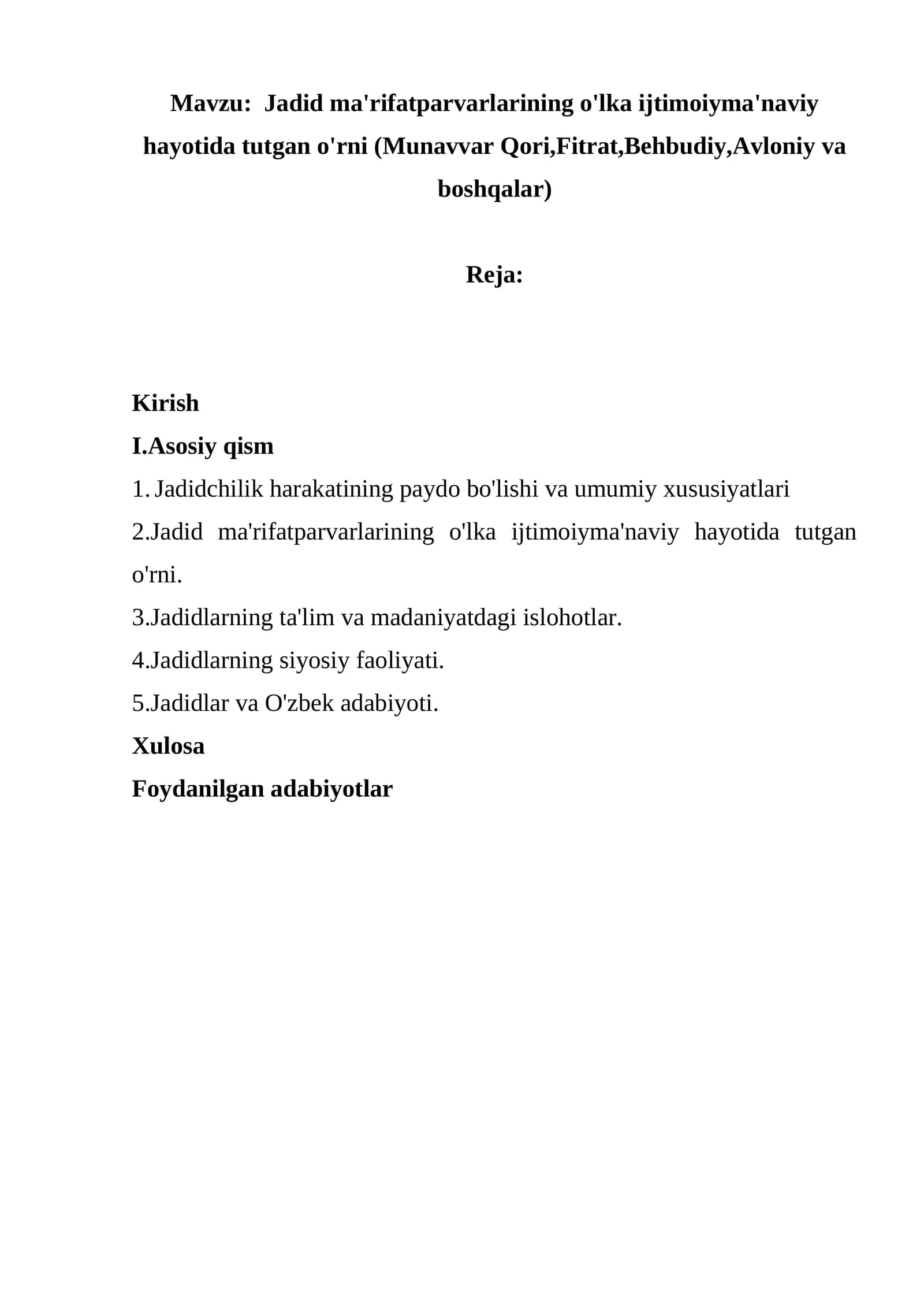 Jadid ma'rifatparvarlarining o'lka ijtimoiyma'naviy hayotida tutgan o'rni (Munavvar Qori,Fitrat,Behbudiy,Avloniy va boshqalar)