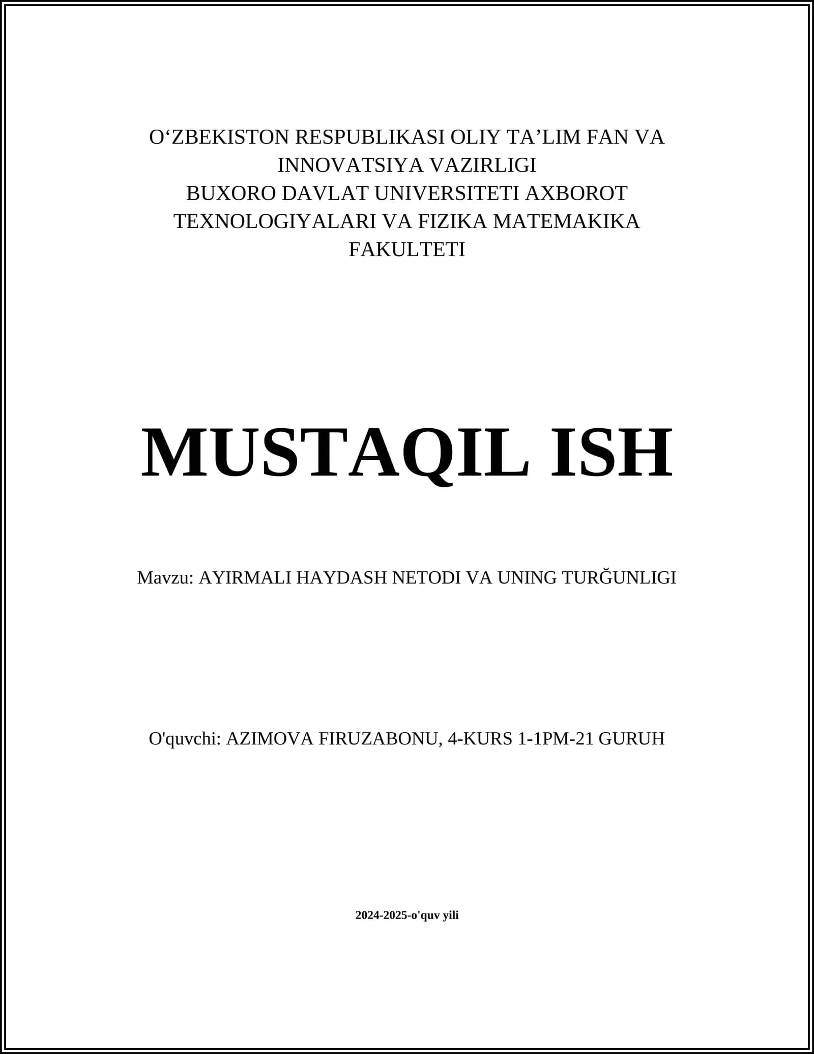 Ayirmali Haydash Usulining Nazariy Asoslari