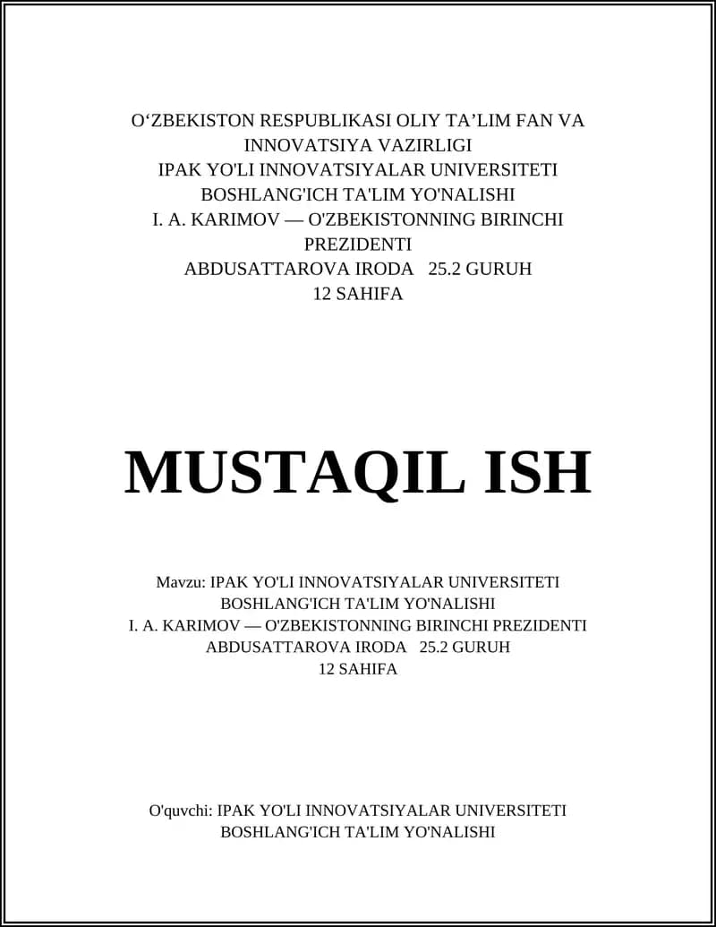 IPAK YO'LI INNOVATSIYALAR UNIVERSITETI BOSHLANG'ICH TA'LIM YO'NALISHI