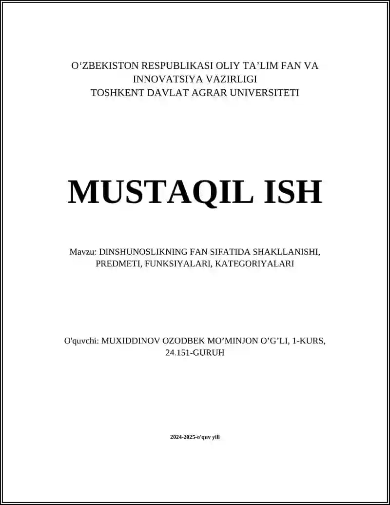 DINSHUNOSLIKNING FAN SIFATIDA SHAKLLANISHI, PREDMETI, FUNKSIYALARI, KATEGORIYALARI