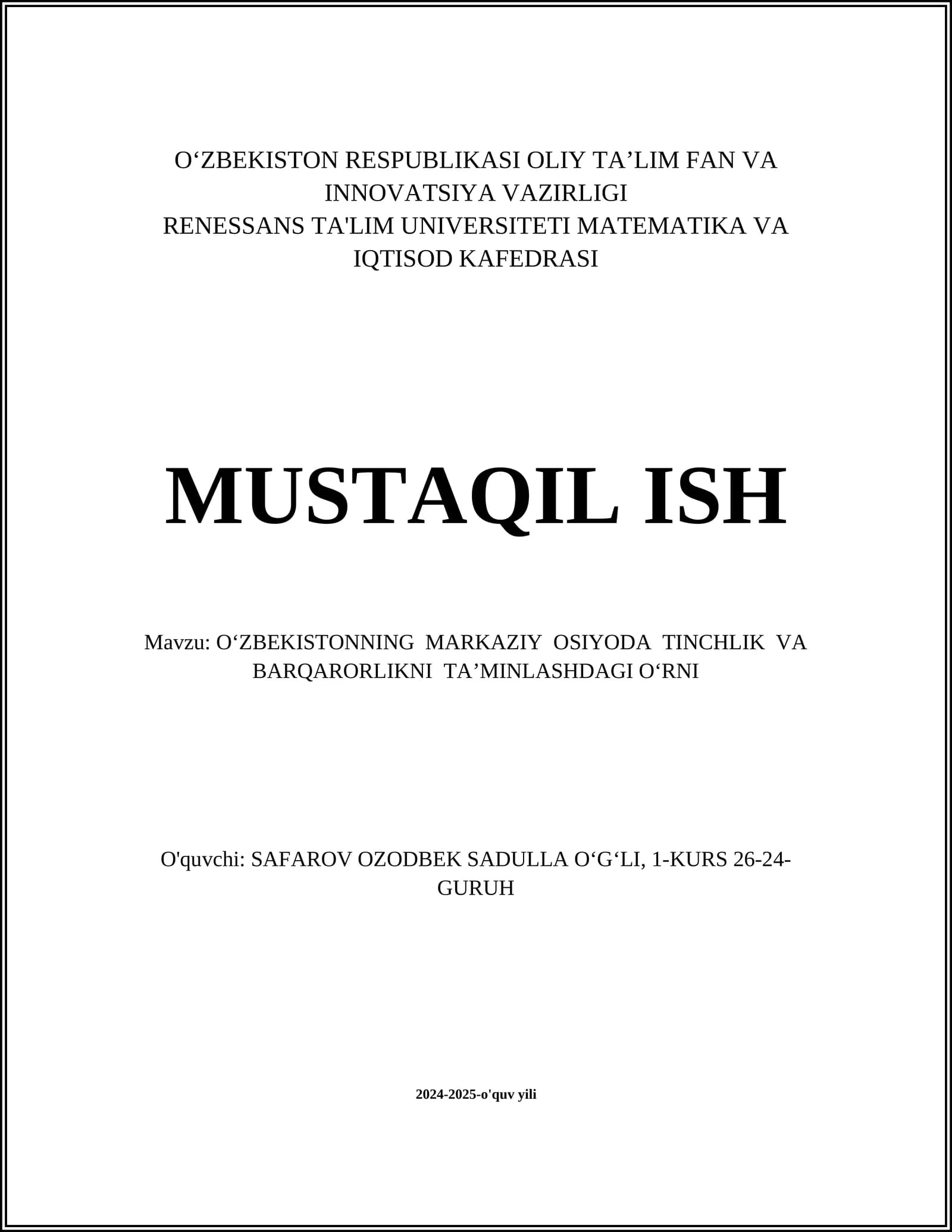 O‘zbekistonning Markaziy Osiyoda Tinchlik va Barqarorlik
