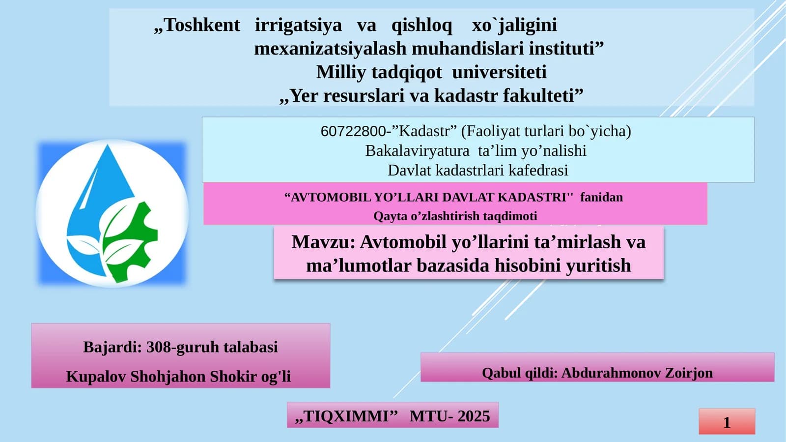 Avtomobil Yo’llari Davlat Kadastriga Hisobini Yuritish