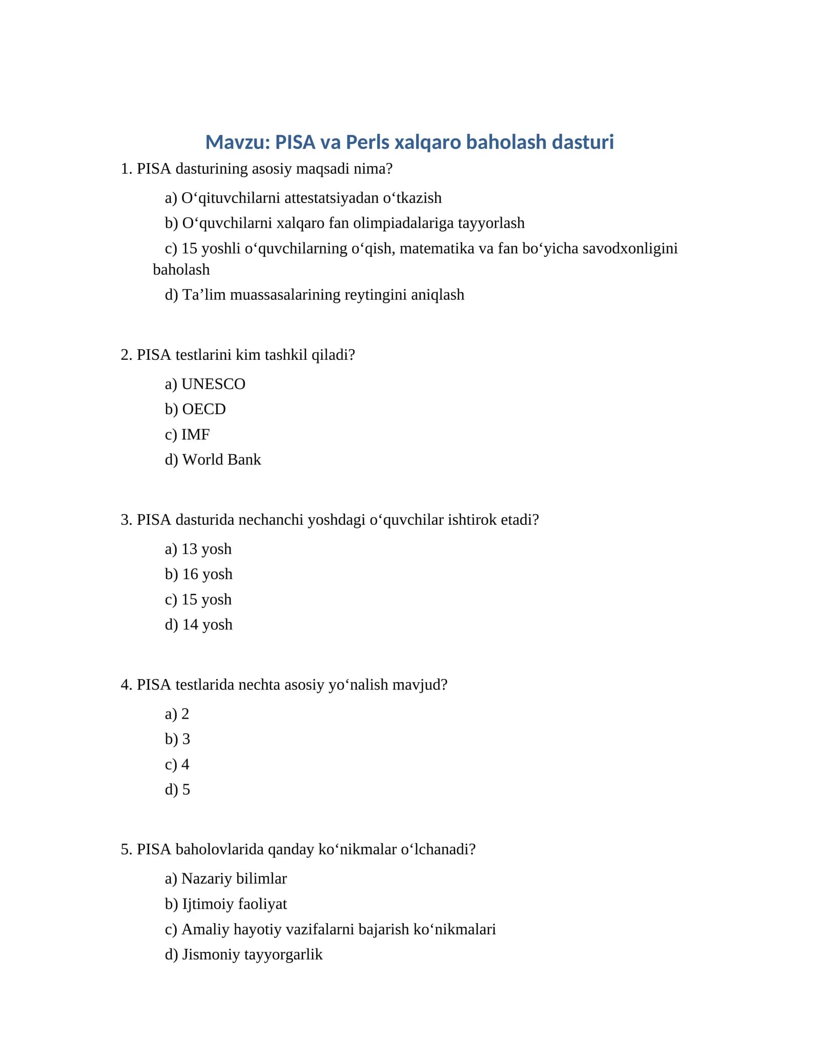 PISA va Perls xalqaro baholash dasturi