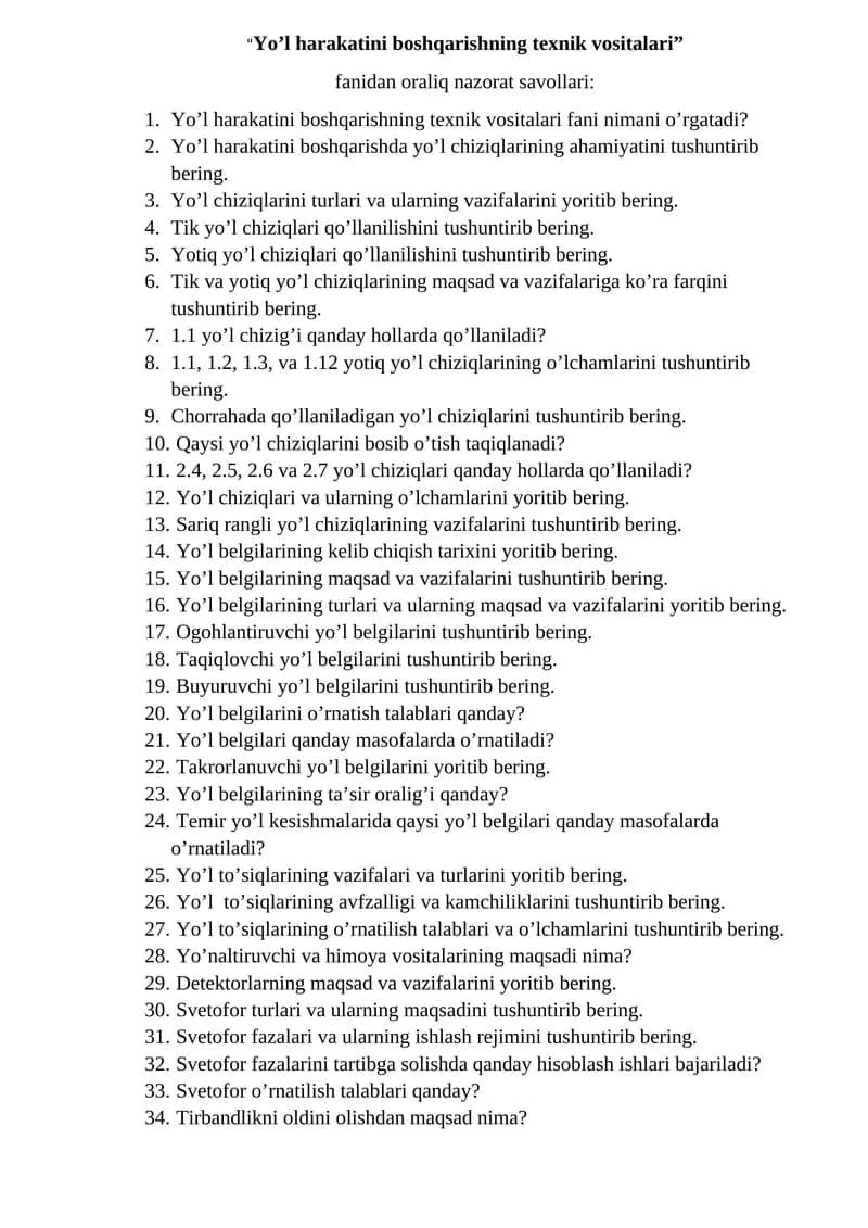 Yo’l harakatini boshqarishning texnik vositalari