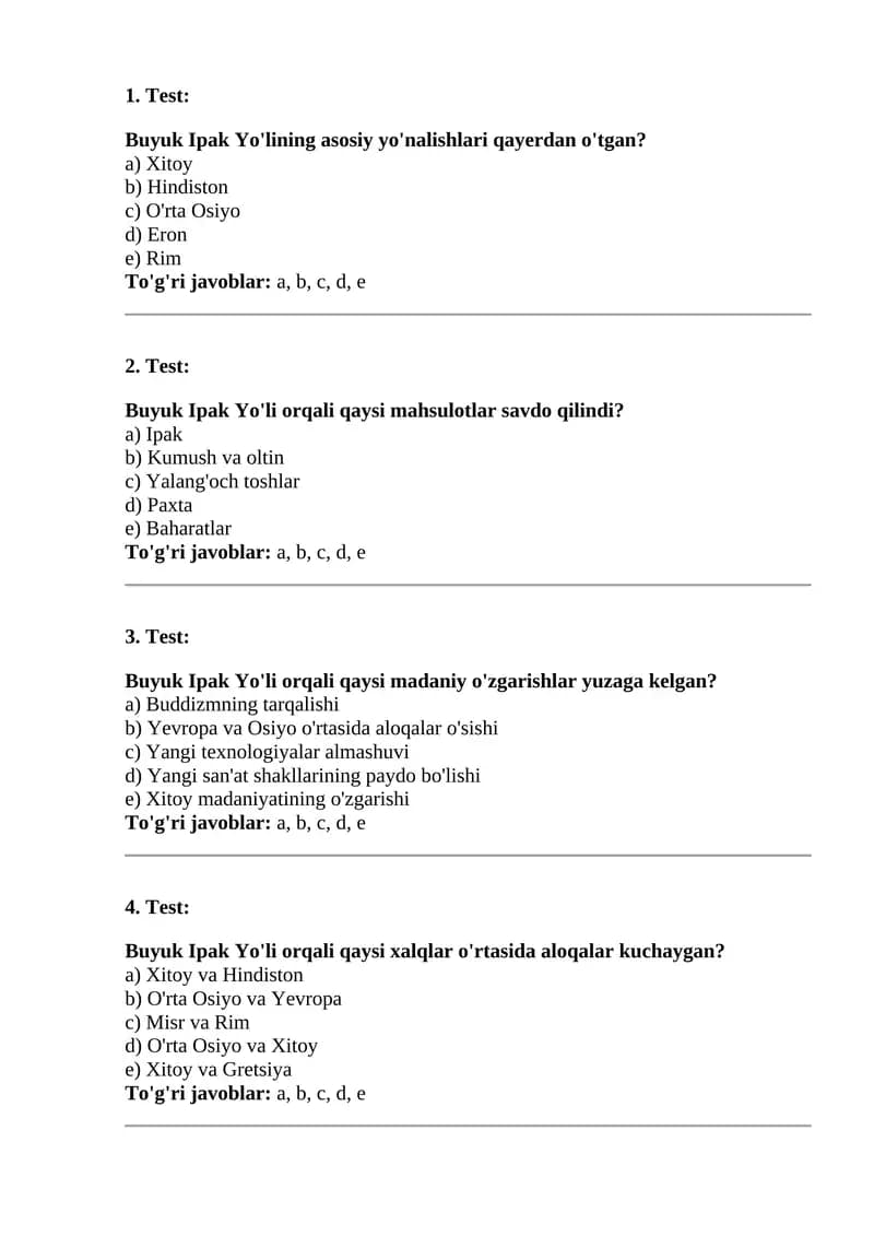 Buyuk Ipak Yo'li test savollari . javobi bilan