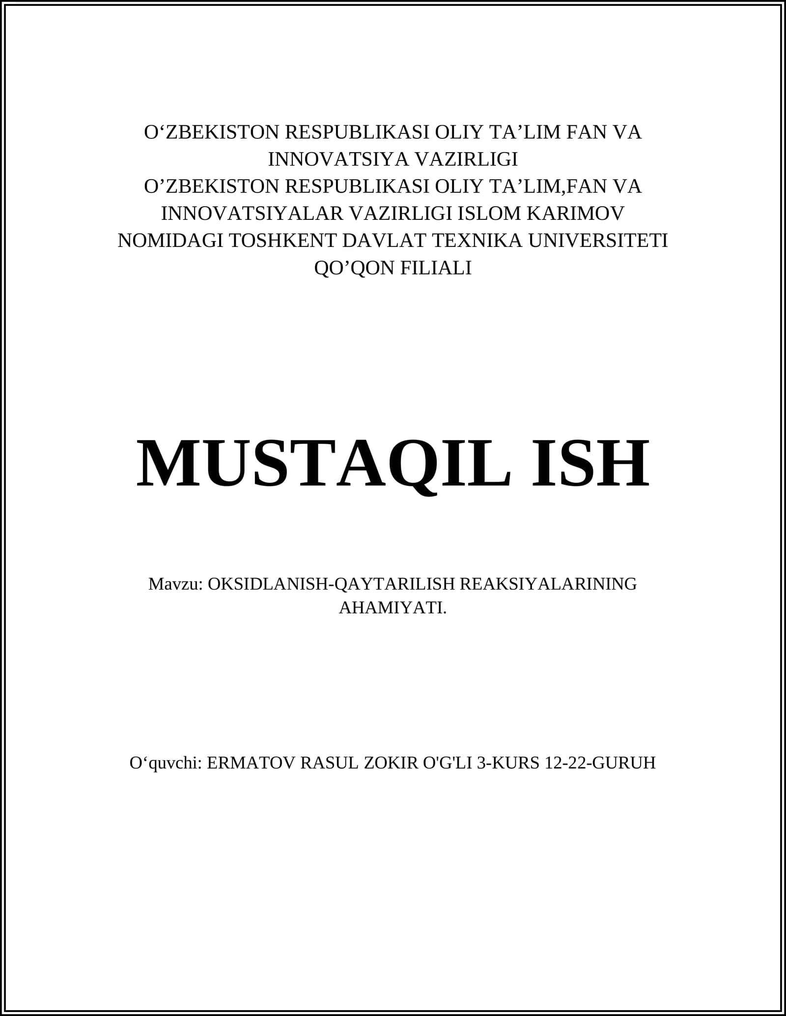 OKSIDLANISH-QAYTARILISH REAKSIYALARINING AHAMIYATI