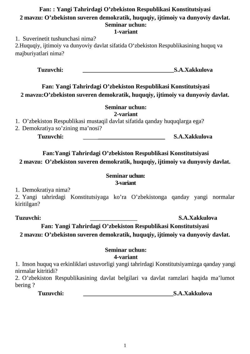 O’zbekiston suveren demokratik, huquqiy, ijtimoiy va dunyoviy davlat