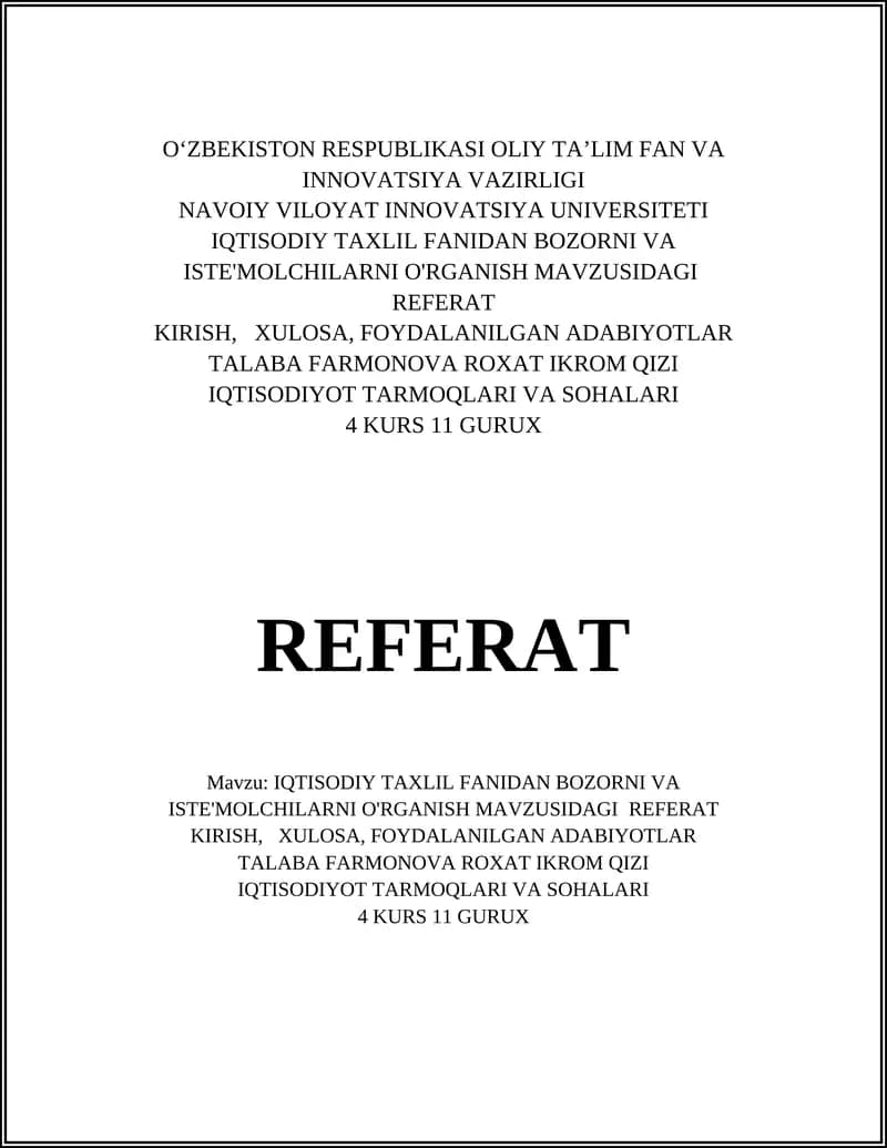 IQTISODIY TAXLIL FANIDAN BOZORNI VA ISTE'MOLCHILARNI O'RGANISH MAVZUSIDAGI REFERAT