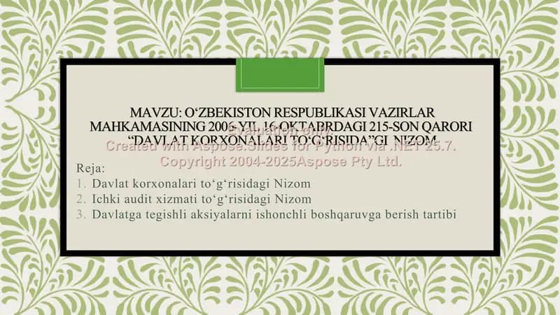 O‘zbekiston Respublikasi Vazirlar Mahkamasining 2006-yil 16-oktabrdagi 215-son qarori “Davlat korxonalari to‘g‘risida”gi  Nizom