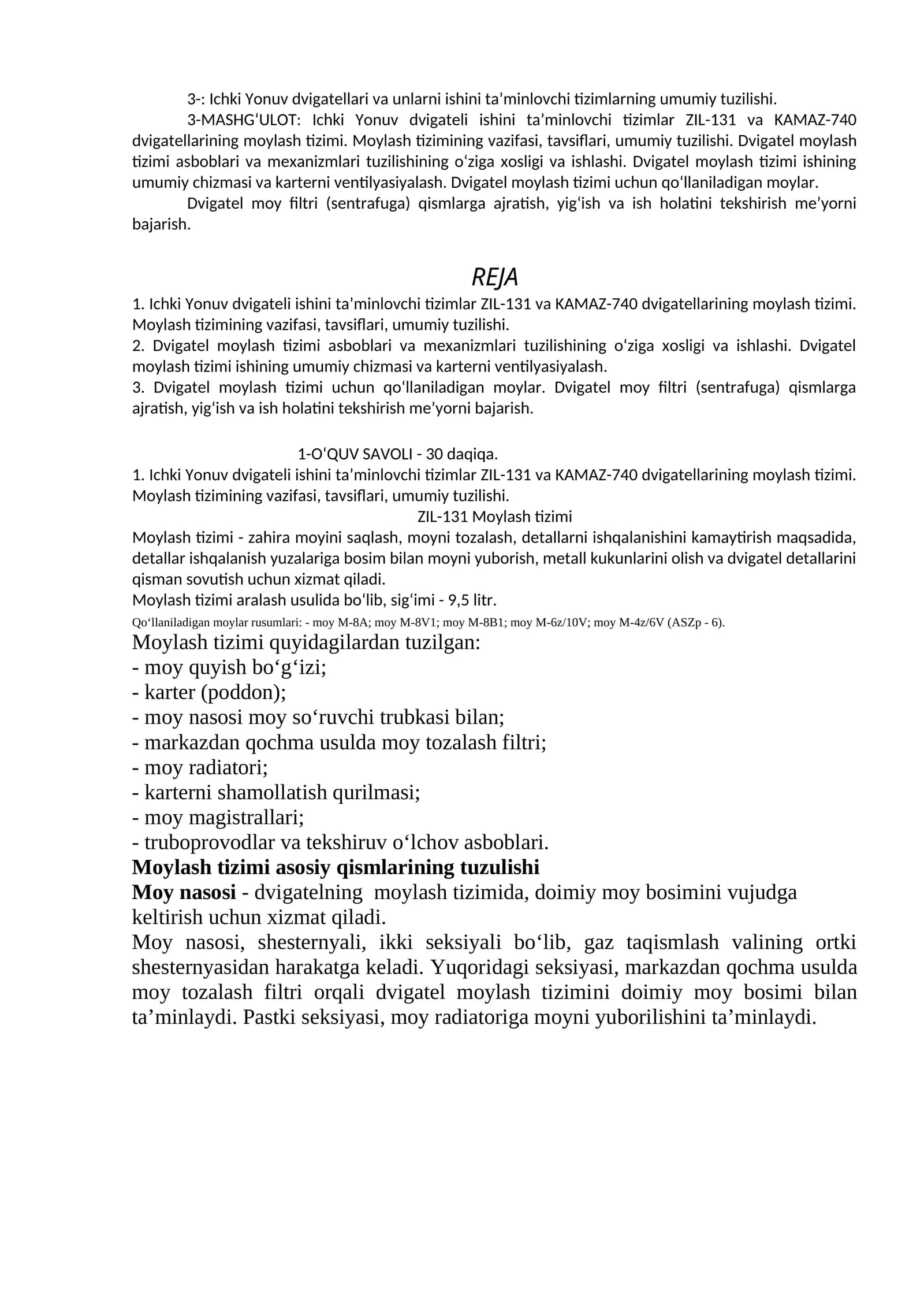 Ichki Yonuv dvigatellari va unlarni ishini ta’minlovchi tizimlarning umumiy tuzilishi