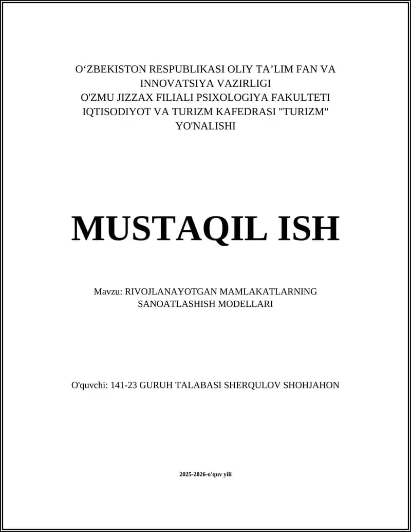 Rivojlanayotgan Mamlakatlarning Sanoatlashish Modellari