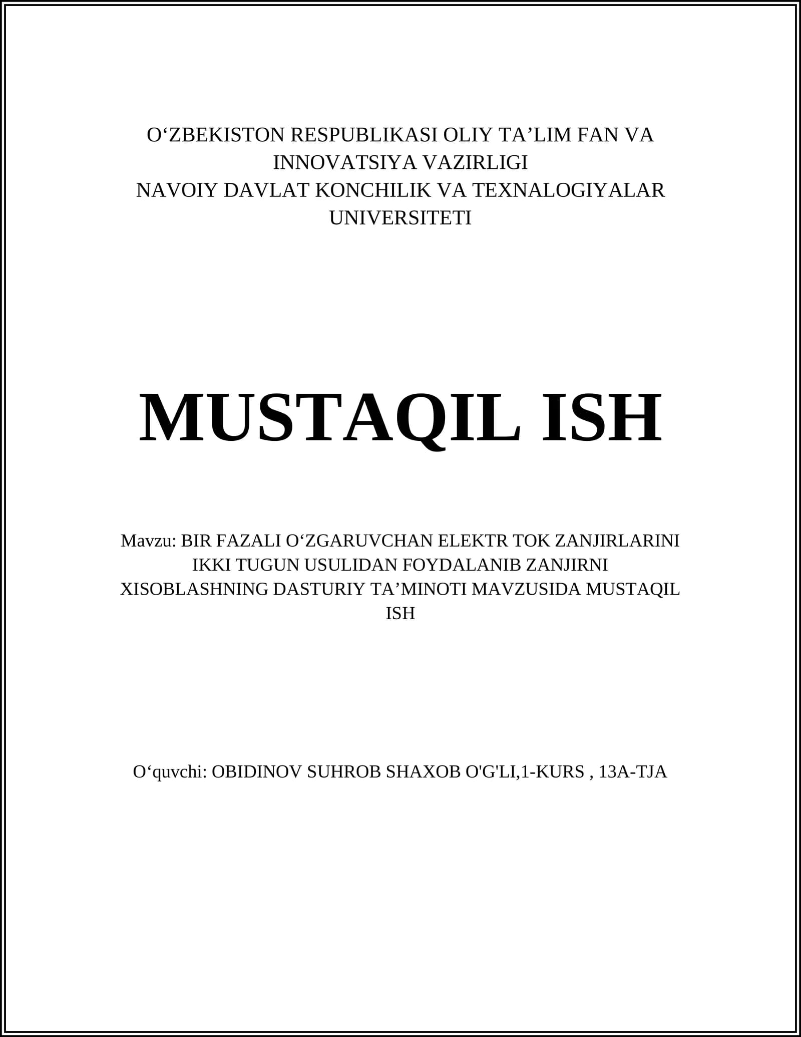 BIR FAZALI OʻZGARUVCHAN ELEKTR TOK ZANJIRLARINI IKKI TUGUN USULIDAN FOYDALANIB ZANJIRNI XISOBLASHNING DASTURIY TAʼMINOTI
