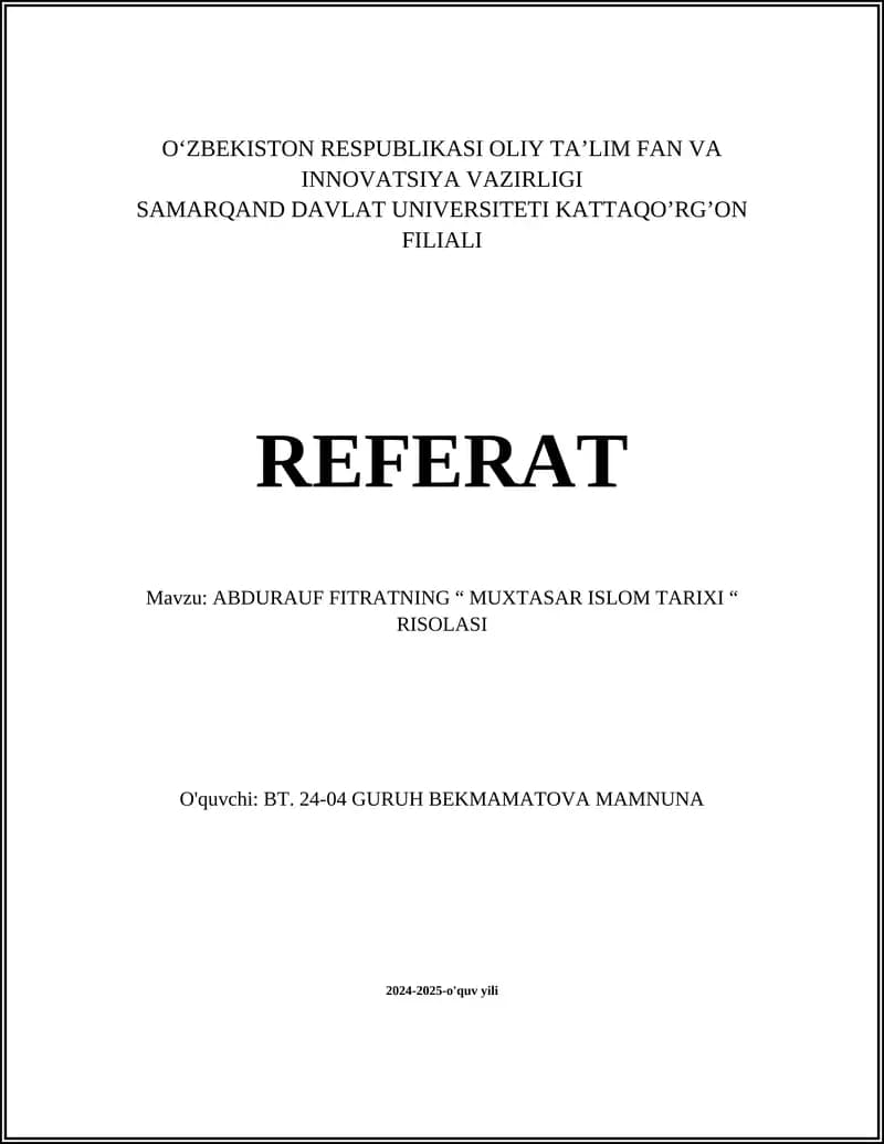 ABDURAUF FITRATNING “ MUXTASAR ISLOM TARIXI “ RISOLASI