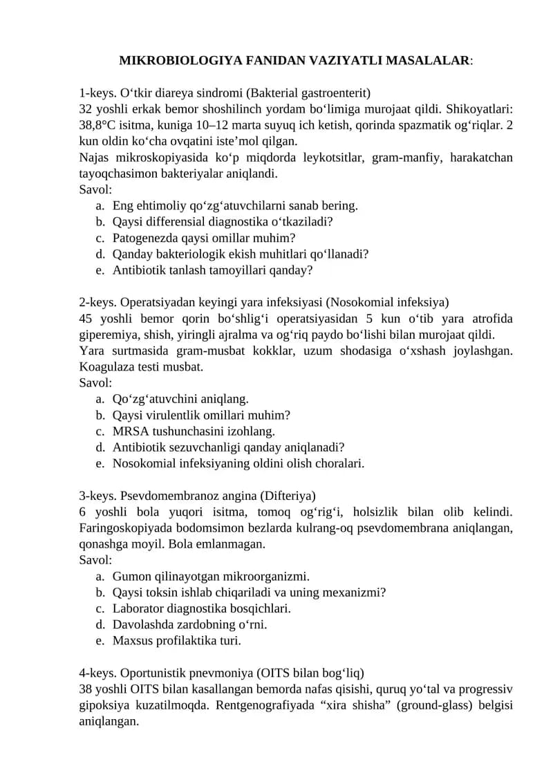 MIKROBIOLOGIYA FANIDAN VAZIYATLI MASALALAR