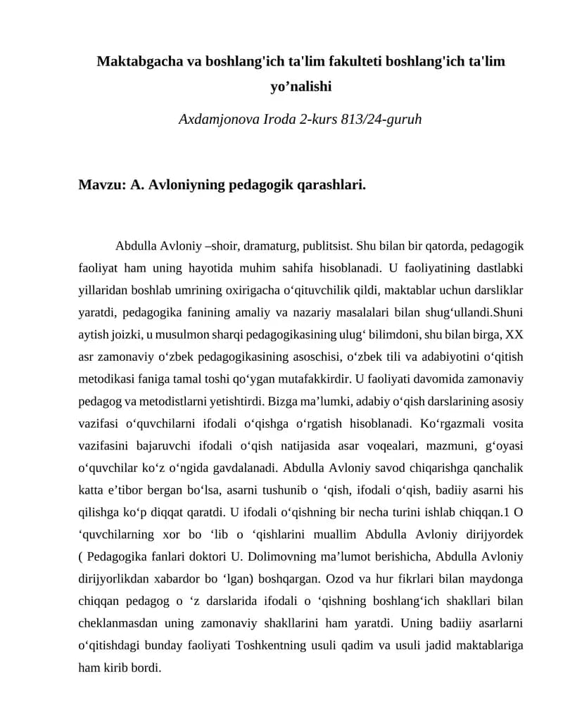 A. Avloniyning pedagogik qarashlari