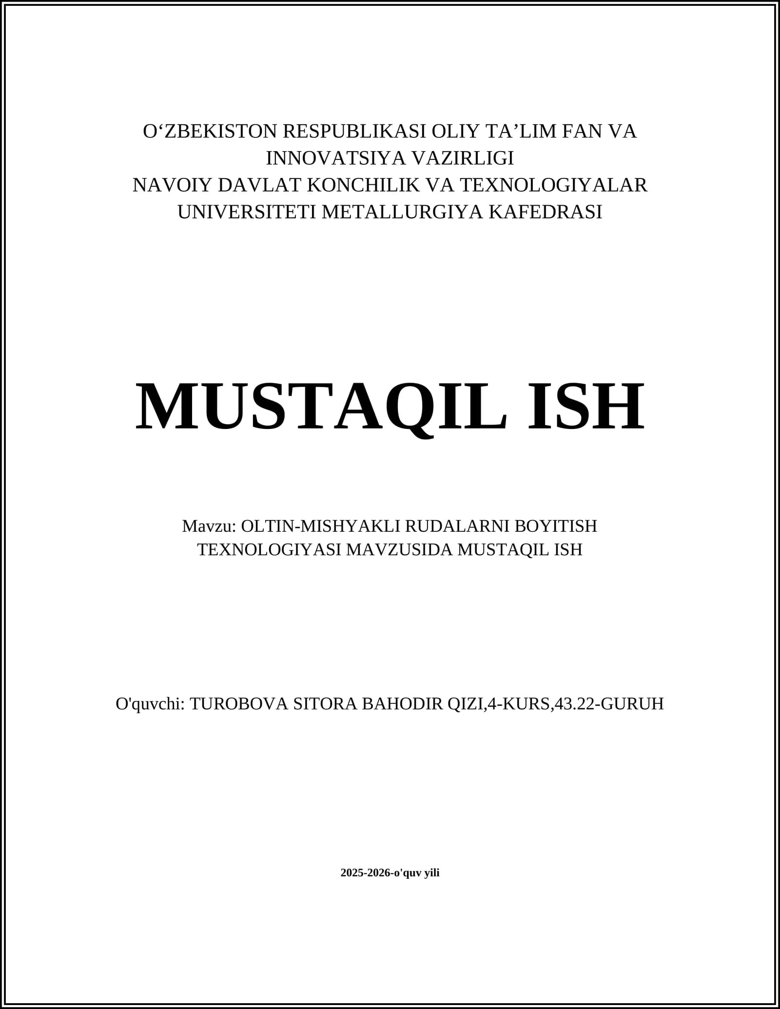 Oltin-Mishyakli Rudalarni Boyitish Texnologiyasi Mavzusida Mustaqil Ish