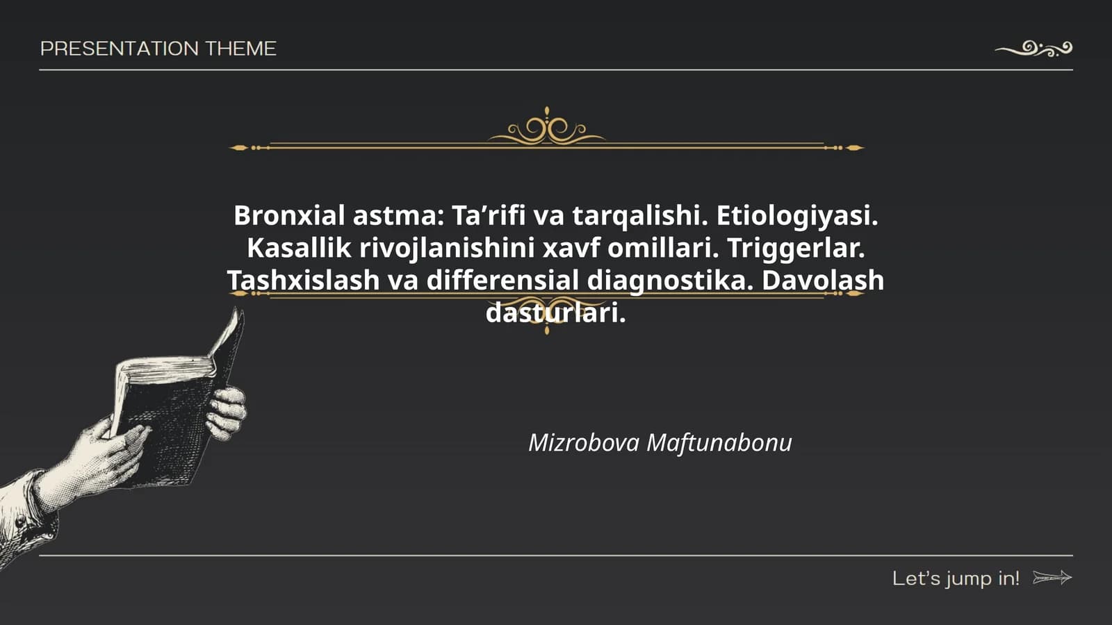 Bronxial astma: Taʼrifi va tarqalishi. Etiologiyasi. Kasallik rivojlanishini xavf omillari. Triggerlar. Tashxislash va differensial diagnostika. Davolash dasturlari