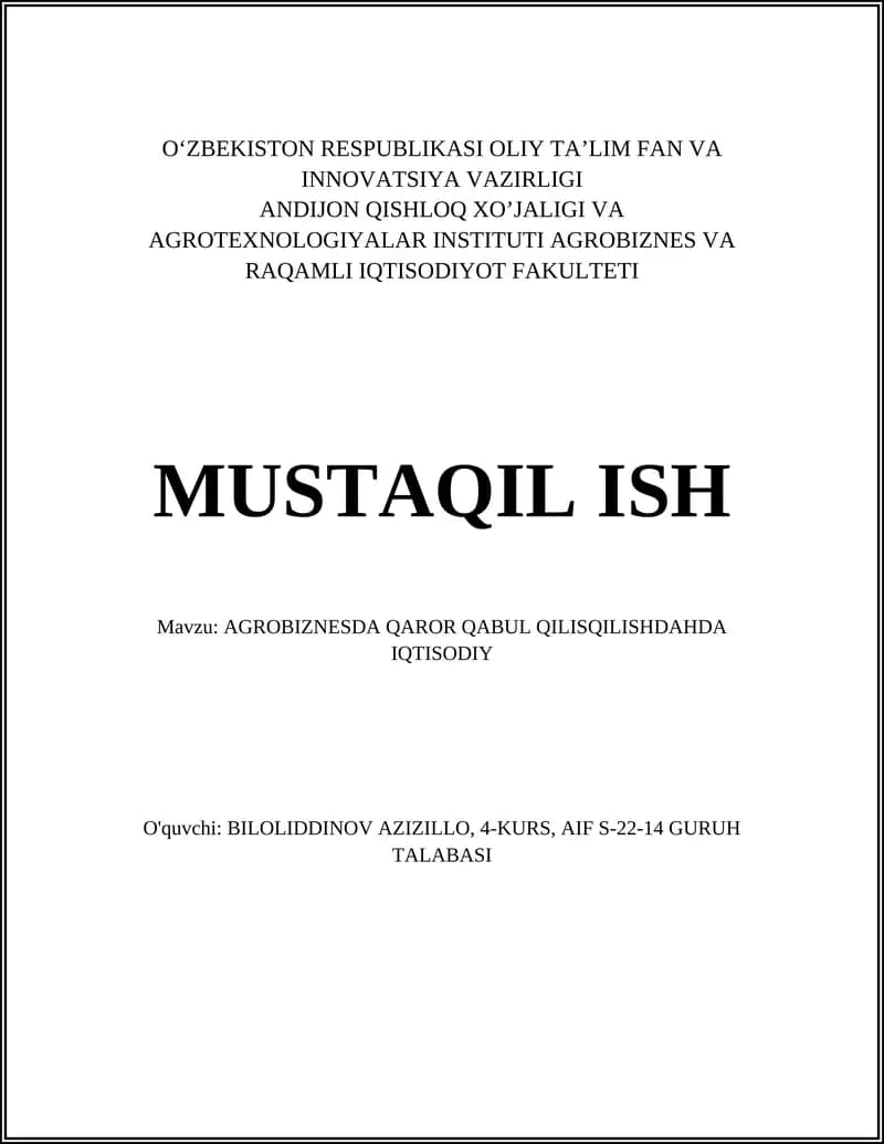 Agrobiznesda iqtisodiy tahlil metodlari va qaror qabul qilish
